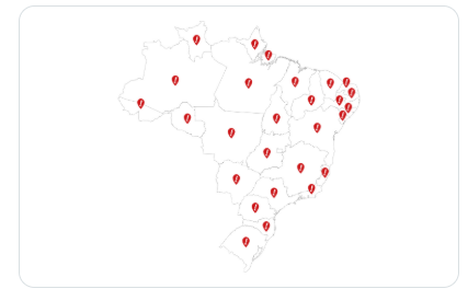 Mapa do Brasil com a presença das unidades Mercadão dos Óculos